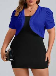 SHEIN CURVE+ Curve 加大码/秋装/秋季女装/女士冬装/冬装女士加大码纯色泡泡袖前开薄西装外套 - 寶藍色 - 查看 5