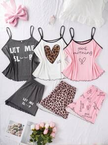 SHEIN 6pcs/Set Plus Size Casual Printed Camisole Top & Shorts Pajama Set, Outfits