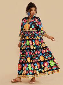 Travachic 大码女式热带花卉印花 V 领 3/4 袖黑色百搭休闲长裙，适合秋季 - 黑色 - 查看 5