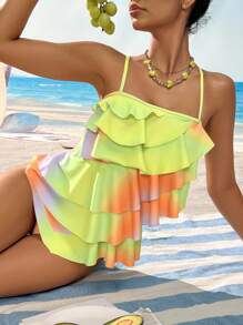 Swim Vcay Women's Fresh & Romantic Multi-Layer Ruffle Rainbow Ombre Print One Piece - Lime Green - View 4