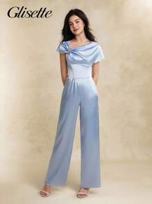 青少年女孩女士休闲多巴胺宽松露肩连体裤，度假风格，夏季 - 藍色 - 查看 6