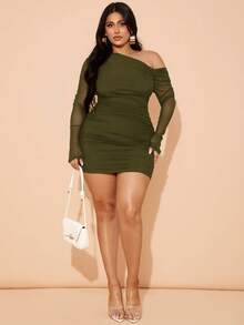 SHEIN BAE Đầm lưới ôm sát dài tay màu đen bất đối xứng vai dành cho nữ cỡ lớn, gợi cảm, thích hợp mặc hàng ngày, đi chơi, hẹn hò, tiệc trà chiều, kỳ nghỉ, mùa xuân/thu, đi học, đi làm/ Đầm màu xanh ô liu cỡ lớn/ Đầm lưới cỡ lớn/ Đầm xếp ly màu xanh ô liu, đầm dự đám cưới cho nữ, quần áo mùa thu cho nữ, ngày lễ tình nhân, trang phục Valentine cho nữ - xanh quân đội - Xem 3