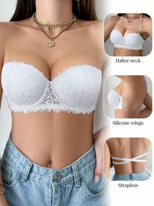 1pc Lace Open Back Underwired Brassiere Women, Small Bust Enhancing Minimizer Strapless Slip-Resistant Bra Lingerie - White - View 4