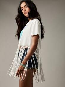 MISSGUIDED 伊维萨镇西班牙流苏 T 恤节日沙滩装地中海夏季贝壳设计流苏装饰假日旅行度假短款休闲海滩派对 - 白色 - 查看 5