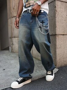 Major Grit Manfinity Streetrush Korean Style Straight Leg Loose Jeans With Embroidery, Street Fashion Men Baggy Jeans - Blue - View 3