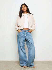 AiiRZ Lightweight Cropped Bomber Jacket Classic Zip Up Stand Collar All Season Modern Minimalist Style Long Sleeve Elastic Ribbed Hem Casual Contemporary Daily Wear Fashion Essential