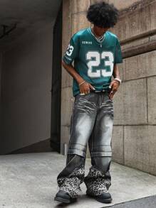 PAVTROS Quần jean denim đen họa tiết da báo vá víu thời trang xuân/hè cho nam, ống rộng rộng, gấu thô, họa tiết da báo, quần jean bụi bặm, phong cách Emo - màu đen - Xem 4
