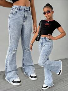 Sparklyn Teen Girls Washed Ripped Skinny Jeans, Casual Minimalist Style, Light Blue Denim Tween Girls Flare Leg Jeans Baggy Jeans Y2k, School, Campus, College Fall Winter - Light Wash - View 1