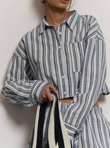 MUSERA Stripe Button Down Cropped Shirt Cute Summer Holiday Vacation Casual Sexy Elegant Cool Classy Beach Boho Top Only Collective Office Attire For Women, Office Wear Women