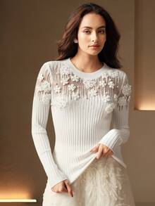 Anewsta Elegant French Luxury Beaded 3D Floral Rhinestone Decorated Sexy Crew Neck Sweater - White - View 4