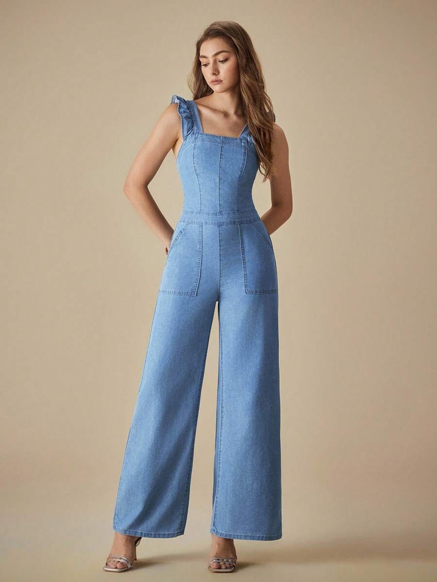 Selenza Quần yếm & áo liền quần denim dành cho nữ Túi Xù Dây kéo màu trơn Giải trí - Rửa nhẹ - Xem 1