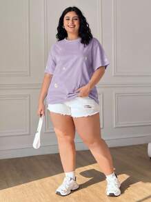 Solflare Plus Size Beach Vacation,Casual Daisy Embroidered Short Sleeve T-Shirt,Summer Spring Tops - Purple - View 4