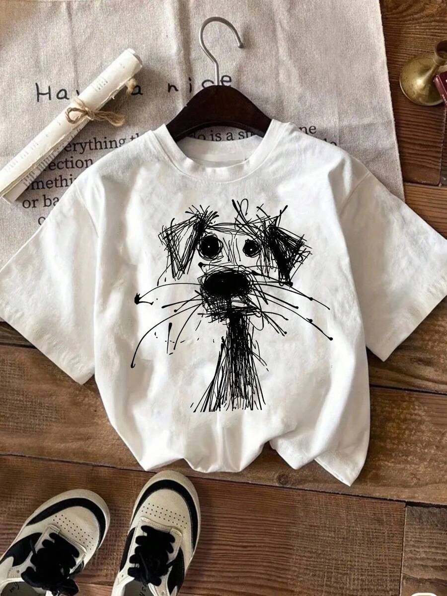 EMERY ROSE A Large-Sized Lady's Casual Round-Neck Puppy Graffiti Print Versatile Short-Sleeved T-Shirt - White - View 1