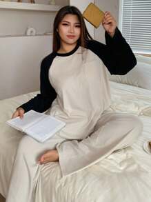 Dazy Plus 2-częściowy zestaw piżamowy dla kobiet w dużych rozmiarach, z luźnym krojem, z długim rękawem i spodniami, w blokach kolorów, odzież domowa, ubrania jesienno-zimowe, przytulne stylizacje