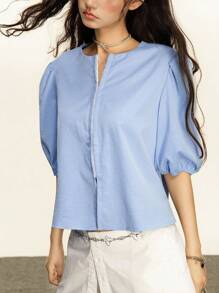 INAWLY 夏季休闲纯色简约泡泡袖衬衫，可爱上衣 - 藍色 - 查看 6