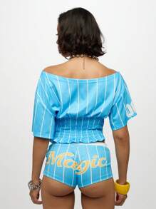 SUMWON WOMEN 露肩魔术城条纹印花两件套节日短袖套装，带褶皱腰和抽绳带，狂欢派对啦啦队服装 - 藍色 - 查看 2