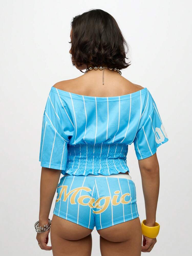 SUMWON WOMEN Off Shoulder Striped Top With Booty Shorts