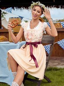 LanaWest Spring And Summer Sleeveless Square Neckline Printed Ribbon Apron Dress, Dirndl - Orange - View 6