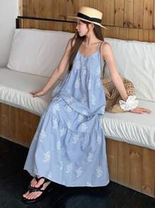 DAZY 2件套女士度假风格细肩带背心和裙子套装 - 藍色 - 查看 2