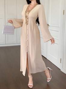 DAZY Casual Loose Splicing Flare Sleeve Long Dress For Women,Fall Dress Long Sleeve Dress - Pink - View 4