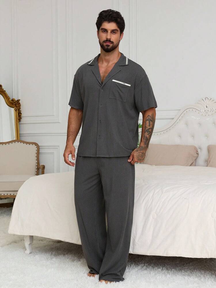 Spring/Summer Letter Tape Design Houndstooth Pattern Deep Grey Shirt With Men's Loungewear Set Pajama