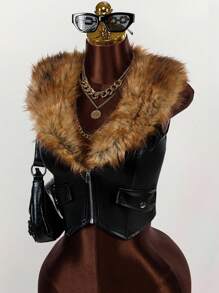 Amplova Women's Vintage Edgy Runway V-Neck Fluffy Cropped Jacket With Asymmetric Hem PU Leather In Fall/Winter - Multicolor - View 3