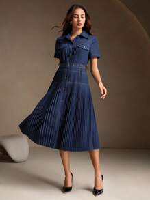 Anewsta 女士时尚休闲百搭收腰褶皱复古牛仔连衣裙