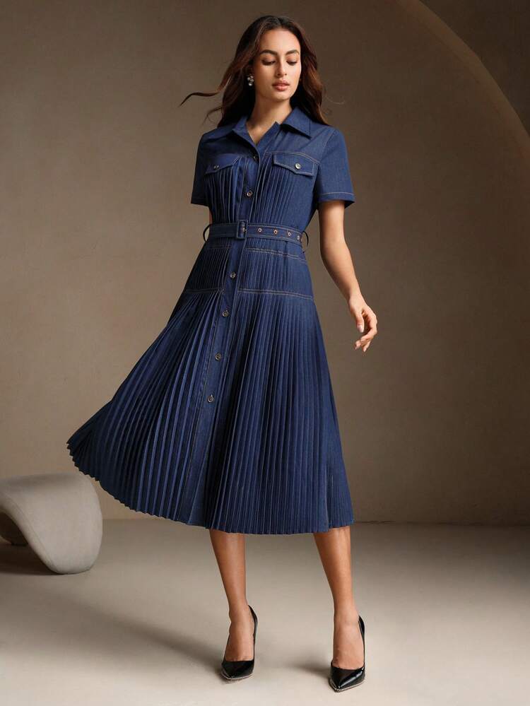 Women's Fashion Casual Versatile Waist-Cinching Pleated Retro Denim Dress