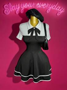 Slaydiva New Style Early Autumn And Summer Casual Street Hottie Style Sweet Girl Style Elegant Daily Date Birthday Party POLO Collar Bowknot White Splicing Black 2 In 1 Design Multi-Layer Cake Dress Ruffle Hem A-Style Dress Mini Dress Knitted Ladies Mini Dress-A