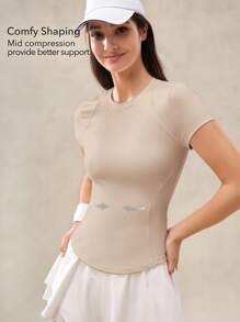 OutZeal 女士健身服运动T恤 普拉提运动服 速干凉爽触感网眼设计 短袖紧身压缩上衣 运动上衣 - 卡其色 - 查看 3