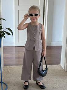 SHEIN 年轻女孩通勤休闲纯色梭织无袖圆领上衣和直筒裤套装，法式 - 卡其色 - 查看 4