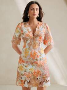 Anewsta Rochie de damă cu decolteu în V, mâneci scurte și bufante, talie înaltă, linie A, dantelă solubilă în apă, imprimeu floral, potrivită pentru vară, festivaluri, sărbători, vacanță, elegantă