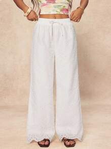 SHEIN PETITE Women Casual Eyelet Embroidery Cropped Pants, Suitable For Vacation And Outdoor, Spring/Summer Boho Chic Rave European Summer - White - View 6