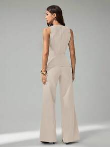 SHEIN Tall 2件套女式无袖开衫背心和休闲裤套装 - 米色 - 查看 2