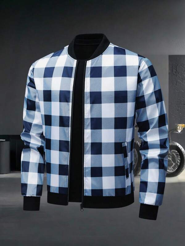 Manfinity Homme Men's Checkered Print Jacket, Fashion Square Checkerboard Black & White Casual Outerwear