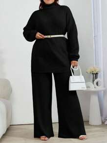 EURMUSE 2pcs High Neck Drop Shoulder Sweater And Ribbed Solid Color Sweater Pants - Black - View 6