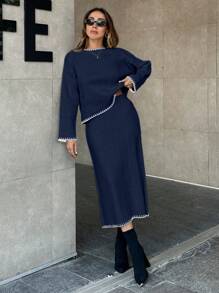 SHEIN Cottnline Women Solid Color Rib Knit Handmade Stitch Detailed Sweater & Sweater Skirt Set,Petite,Winter Clothes - Navy Blue - View 6
