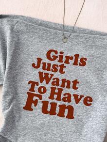 少女休闲红色女孩只想玩得开心比口号白色露肩领文字印花短腰聚拢短袖紧身裤，春夏季，基本款，日常款，百搭款，运动时尚夏季上衣，返校季，校服 - 灰色 - 查看 4