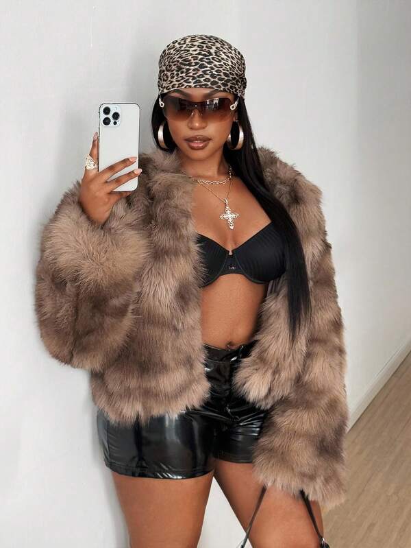 Maweii Women's Fashionable French Elegant Vintage Luxury Small Round Neck Short Long Sleeve Tie-Dye Light Brown Work, Outing, Party, Holiday Winter Plus Size Faux Fur Coat