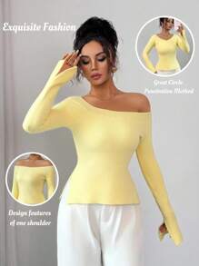 Selianne Off Shoulder Cutout Sleeve Slit Hem Versatile Mustard Yellow Knit Sweater Top, Suitable For Spring, Autumn, Winter Knit Pullover Fall - Butter Yellow - View 1