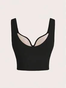 SHEIN Sports 2 件装纯色运动文胸露脐上衣，内置文胸，V 领运动文胸塑形上衣，聚拢上衣，内置文胸