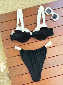 SHEIN Swim 夏季新款純色拼接鋼圈托高厚肩帶後扣性感海灘比基尼套裝女款分體泳衣 - 黑與白 - 查看 2