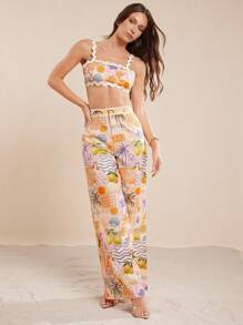 L'Amorae Tank Top Cami Wanita Motif Bunga dengan Hem Berkerut, Untuk Liburan - Jeruk - View 5
