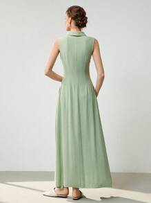 Uhlyne 女式优雅领口系带纽扣喇叭下摆口袋荷叶边下摆长款连衣裙，夏季 - 灰綠 - 查看 4