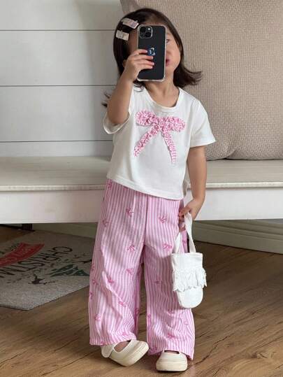 SHEIN 2pcs/Set Infant/Toddler Girls 0-3 Yrs Spring/Summer Casual Cute Stripe & Bow Pattern T-Shirt + Pants Outfit, Baby Pink Butterfly Decor Clothing Set