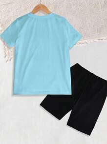 SHEIN Explorewe Teen Girl 2pcs/Set Sports Letter & Graphic Print Loose Round Neck Short Sleeve T-Shirt & Shorts Set, Suitable For Summer Holiday Outfit, School, Campus, College - White - View 2