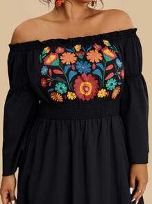 SHEIN VCAY Plus Size Women Floral Print Off-Shoulder Long Sleeve Flare Sleeve Front Split Maxi Dress, Casual/Resort - Black - View 7