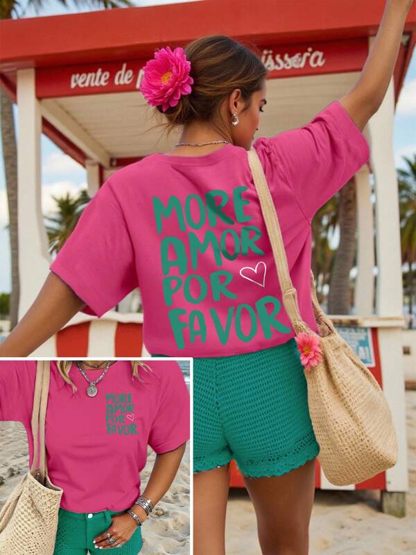 DrmWander Camiseta de manga corta con cuello redondo para mujer de talla grande con estampado del eslogan "talla grande AMOR POR FAVOR", casual de verano