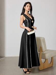 Heiryn Robe élégante à empiècement contrastant sans manches pour femme