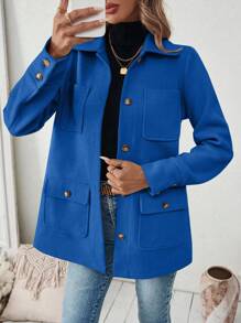 EMERY ROSE 女式纯色长袖单排扣休闲宽松口袋夹克 - 寶藍色 - 查看 4